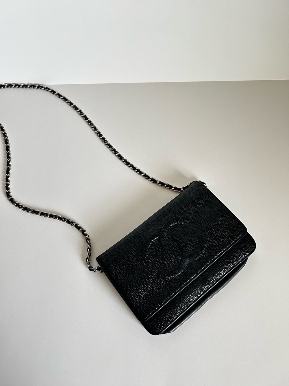 CHANEL Black Quilted Caviar Leather Crossbody with Chain Strap